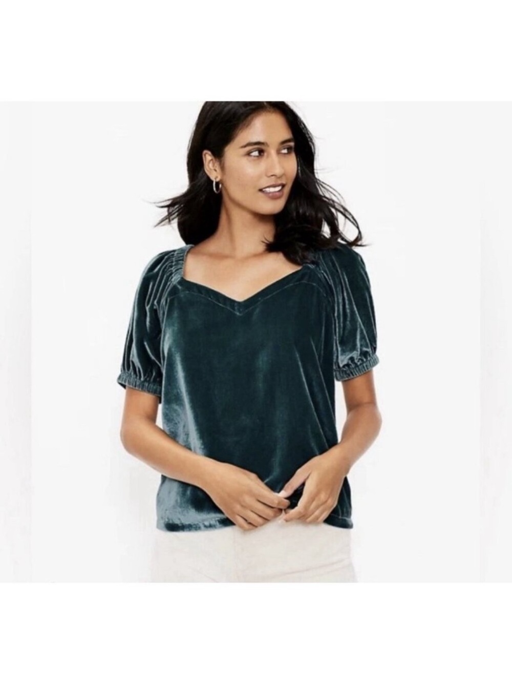 🆕 LOFT Teal Velvet V-Neck Puff-Sleeve Top
